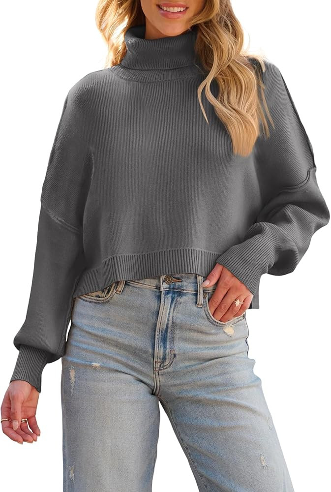 MEROKEETY Women's Turtleneck Cropped Sweater 2024 Batwing Sleeve Oversized Ribbed Knit Pullover J... | Amazon (US)