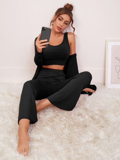 3pcs Solid Ribbed Tank Top & Pants & Robe Set | SHEIN