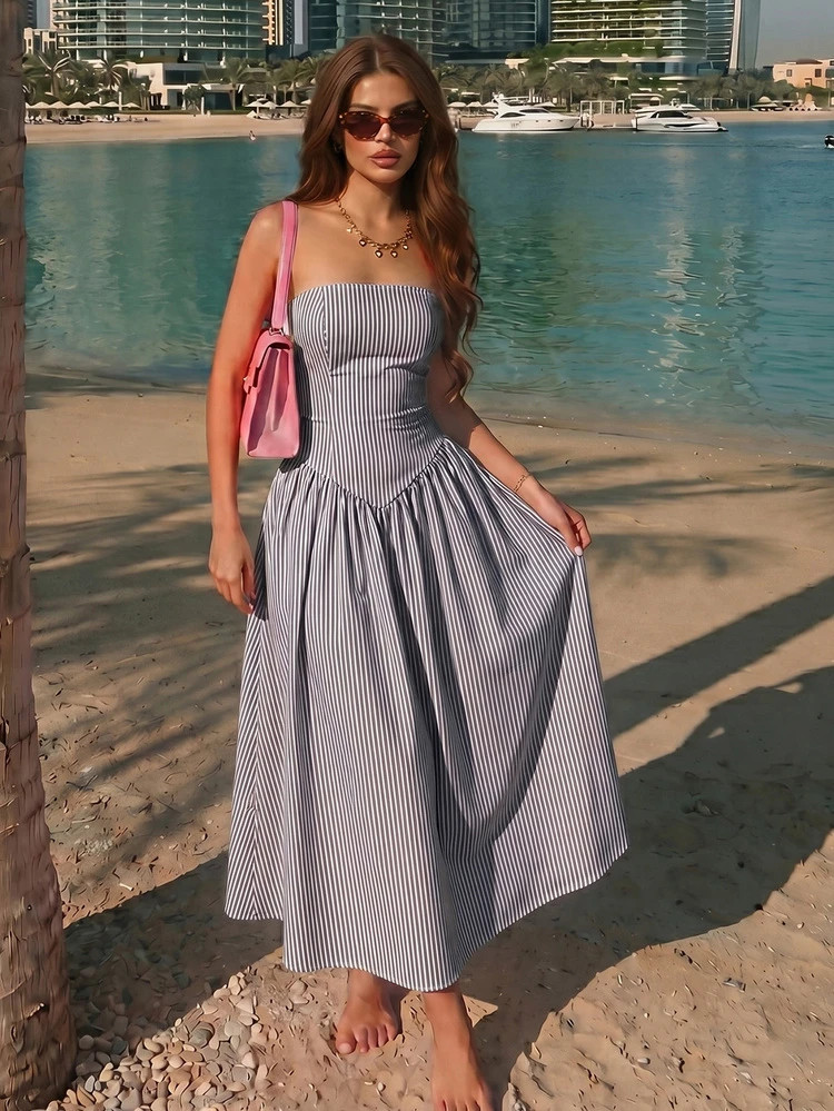 Women's Elegant Vacation Striped Strapless Fashion Dress Black Summer | SHEIN