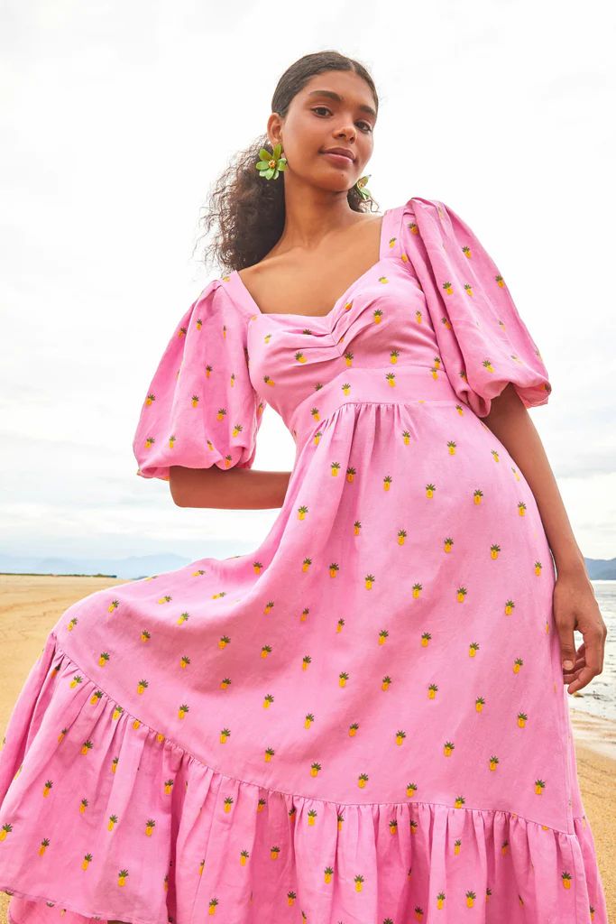 embroidered pineapples pink midi dress | FarmRio