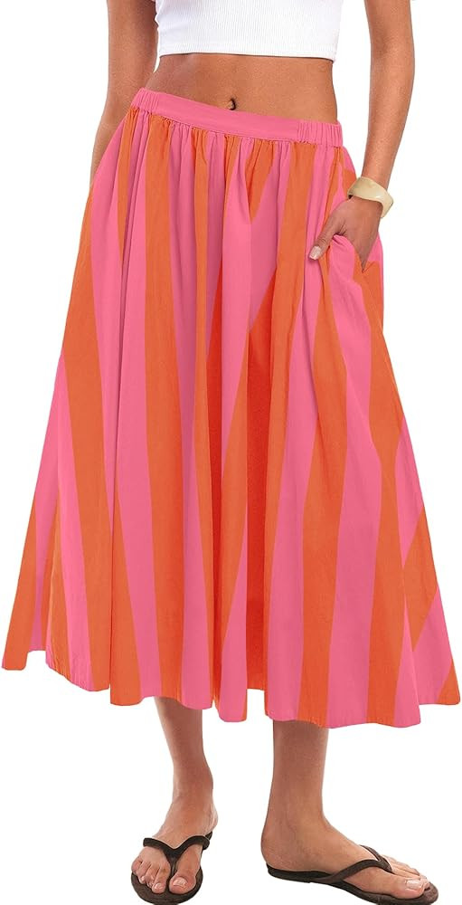 Panadila Womens Striped Midi Skirt Summer Beach Long Flowy Skirts Elastic High Waisted A Line Ski... | Amazon (US)