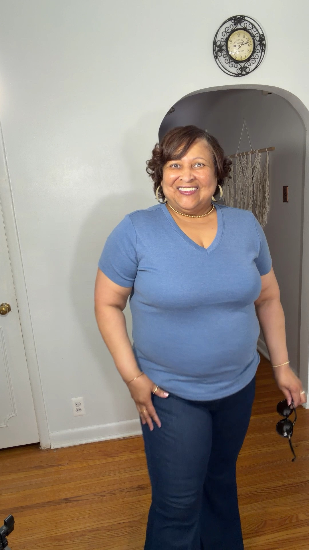 OOTD 
Periwinkle blue V-neck T-shirt with flare leg stretch jeans. I didn’t end up needing the sunglasses after all because it is pouring down rain right now!
Do you keep your sunglasses 🕶️ on even when it’s raining out? ￼

#plussizefashion #springoutfits
￼

#LTKootd #LTKPlusSize #LTKdayinmylife