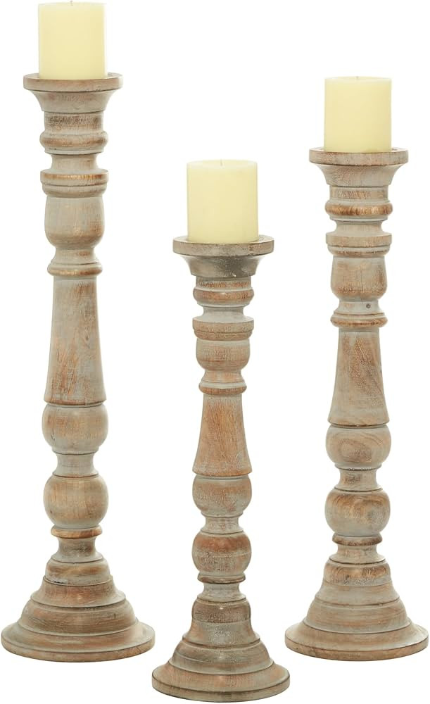 Deco 79 Mango Wood Candle Holder with Turned Style, Set of 3 24", 21", 18"H, Brown | Amazon (US)