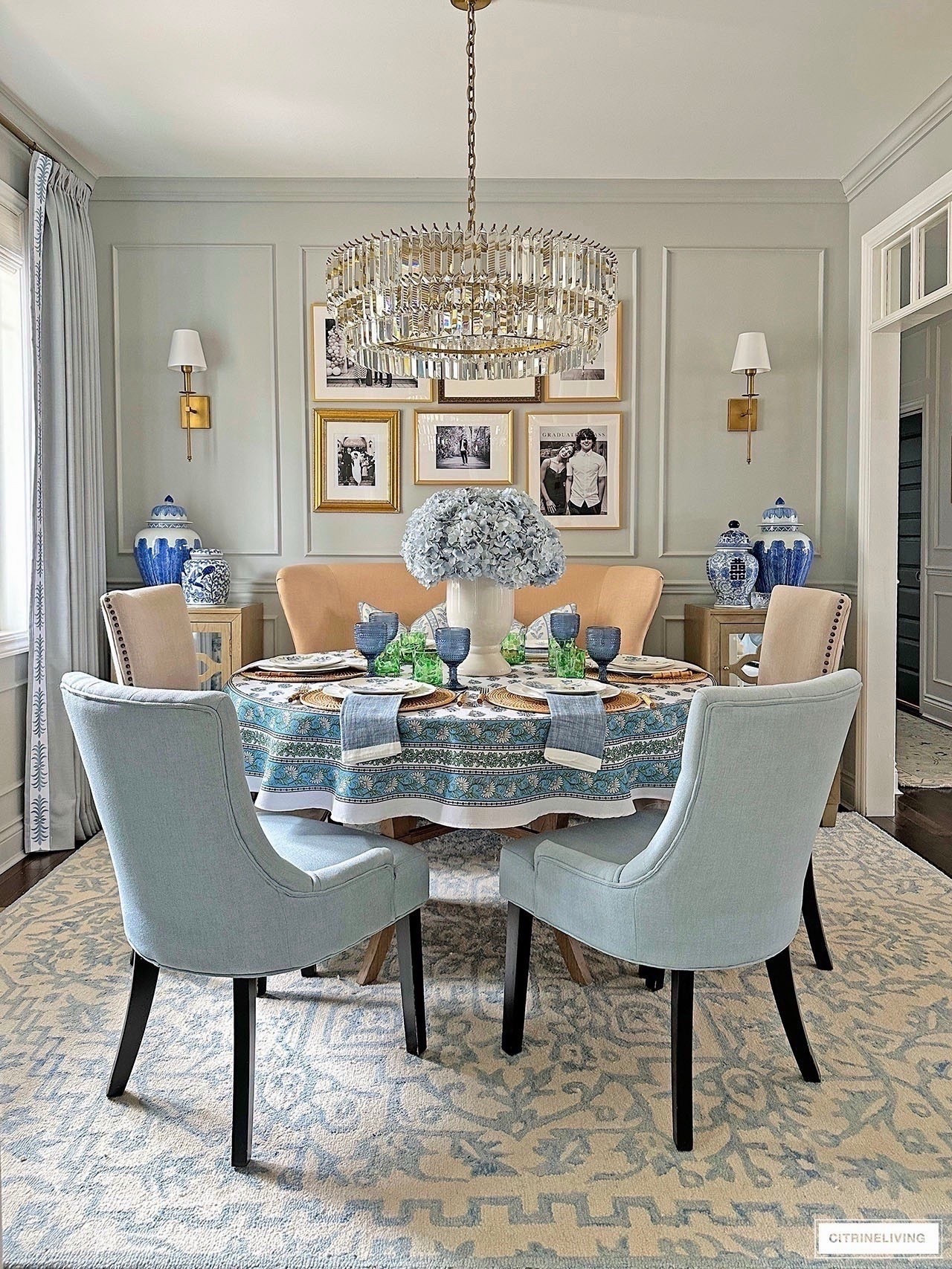 Layered and curated spring dining room with A gorgeous block print and floral spring table with chic blue and green glassware

Home decor, home finds, chic hike 