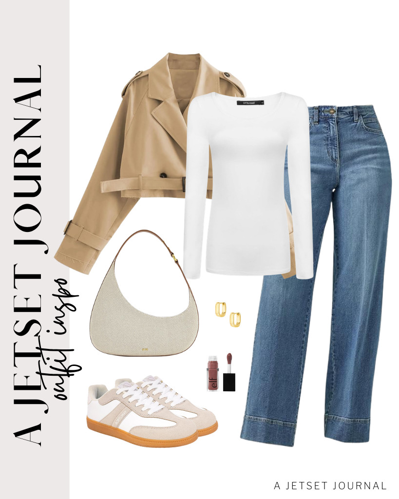 Another outfit idea is a white long-sleeve top with jeans, complemented by a khaki trench coat. Style it with the JW PEI shoulder bag and small chunky hoop earrings. 

 #LTKSeasonal #LTKSaleAlert #LTKTravel