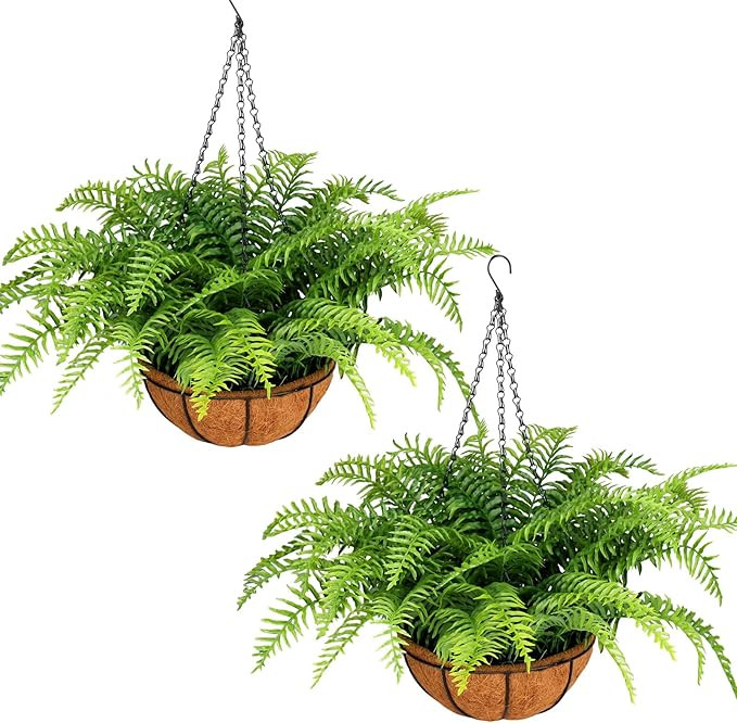2 Set Fake Ferns with Hanging Baskets, UV Resistant Fake Hanging Ferns Plants, Outdoor Artificial... | Amazon (US)