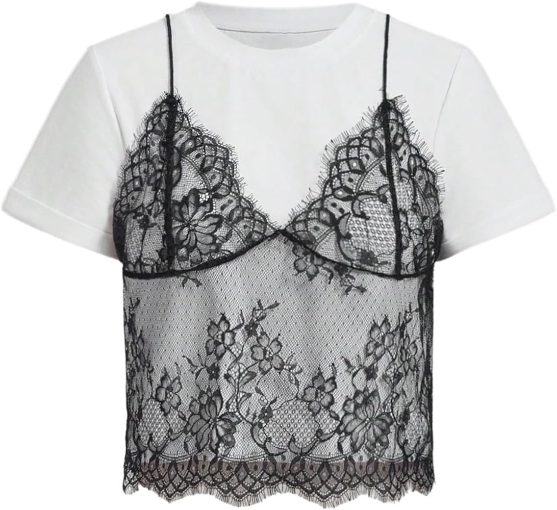 MakeMeChic Women's Summer Plus Size Floral Lace T Shirt Crewneck Short Sleeve 2 in 1 Tops | Amazon (US)