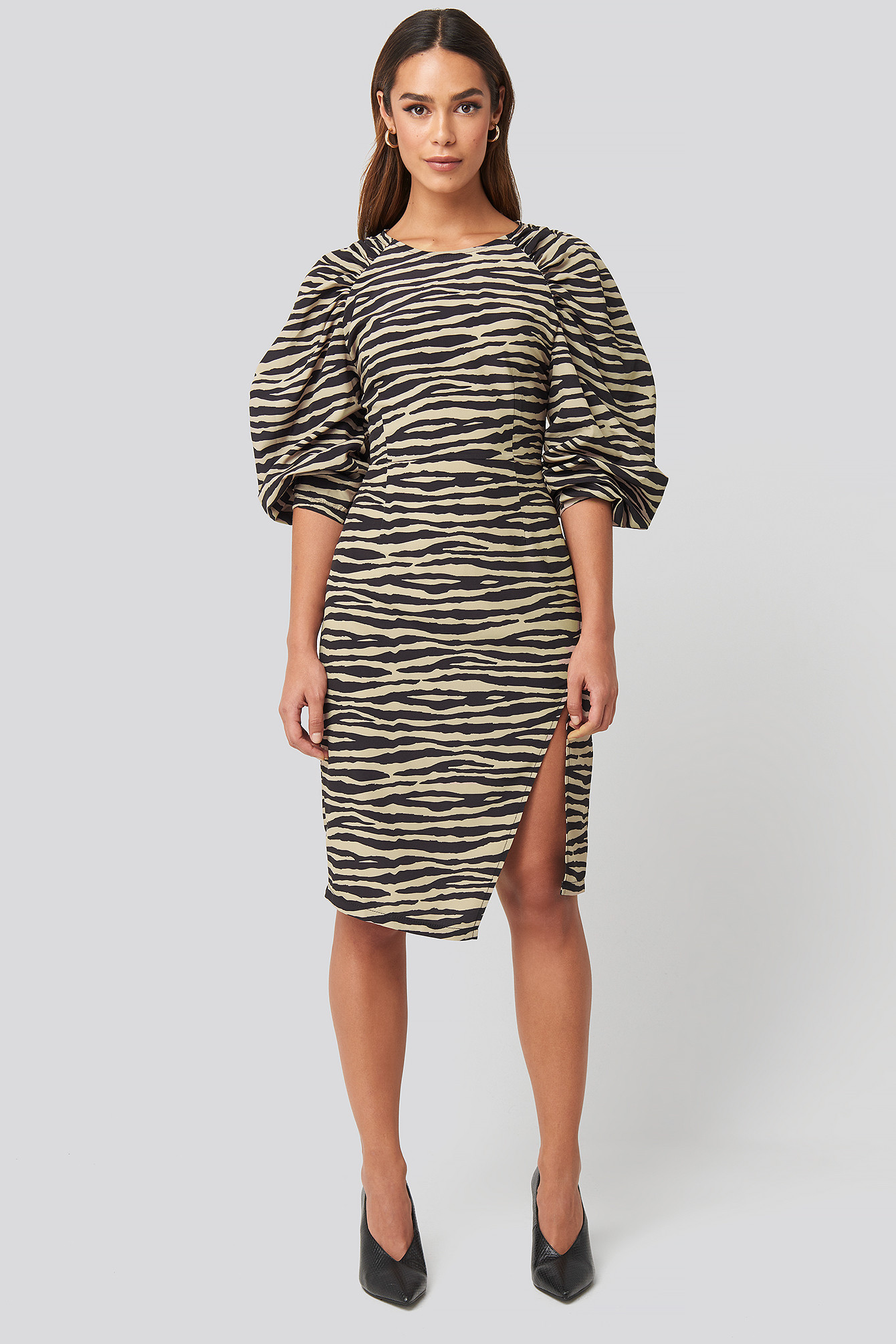 Puff Sleeve Side Split Midi Dress Flerfärgad | NA-KD SE