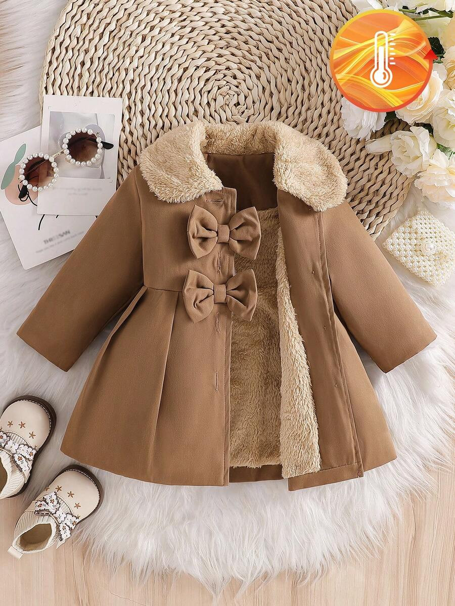 SHEIN Baby Girls' Faux Fur Collar Bow Decor Trench Coat, Autumn/Winter | SHEIN