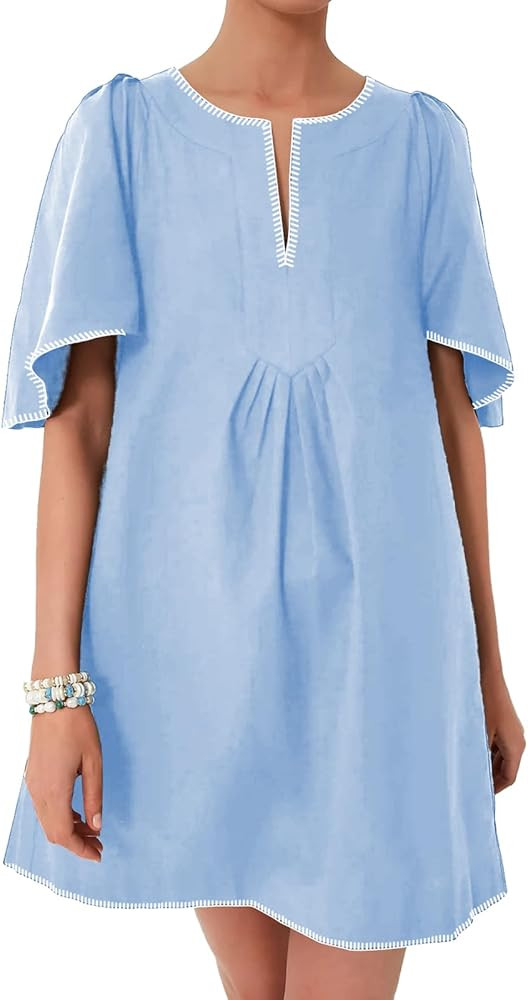 HOULENGS Women's Summer Ruffle Short Sleeve A Line Mini Dress Casual Contrast Trim V Neck Short D... | Amazon (US)