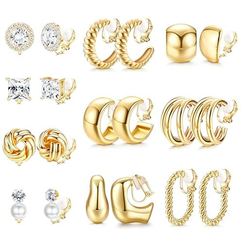 FIBO STEEL 10 Pairs Clip On Earrings for Women Non Pierced Ears CZ Pearl Knot Twist Chunky Hoop and Studs Earring Set Ear Clips Jewelry 14K Gold Plated | Amazon (US)