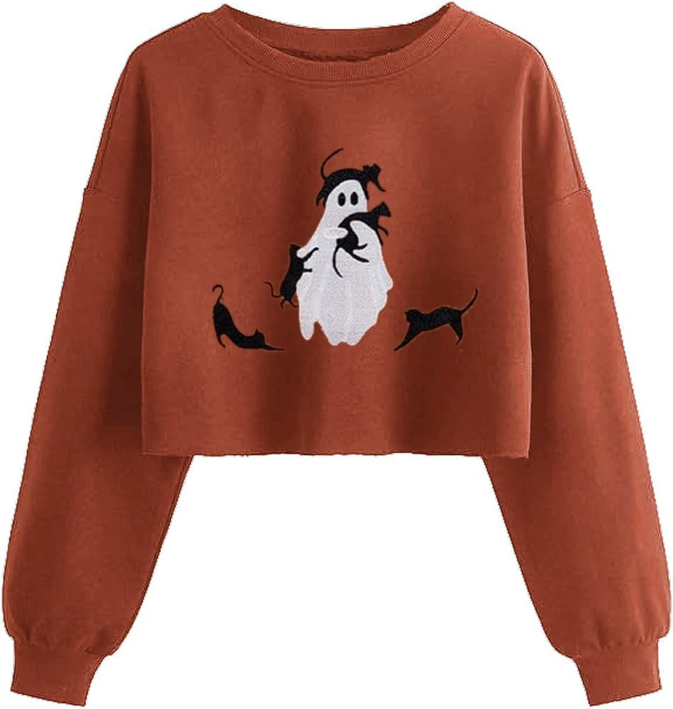 Women's Witch Crop Sweatshirt Fall Halloween Vintage Graphic Lantern Long Sleeve Pullover Spooky ... | Amazon (US)