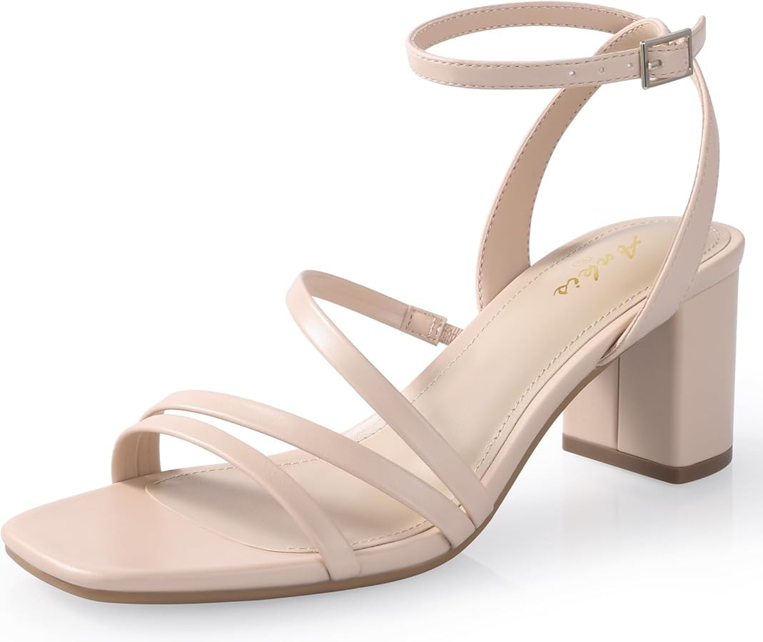 Ankis Strappy Heels for Women Square Nude White Black Open Toe Chunky Block Heels Ankle Strap Buc... | Amazon (US)