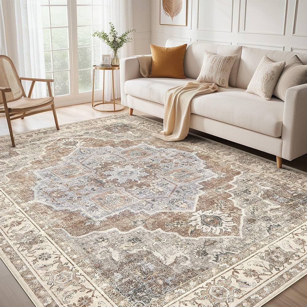 8x10 Washable Area Rug: Vintage Neutral Soft Non Slip Thin Large Floor Carpet for Living Room Bed... | Amazon (US)