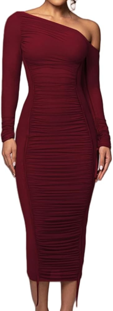 Sexy Bodycon Maxi Dress for Women Sheer Long Sleeve Off The Shoulder Party Club Ruched Mesh Dress... | Amazon (US)