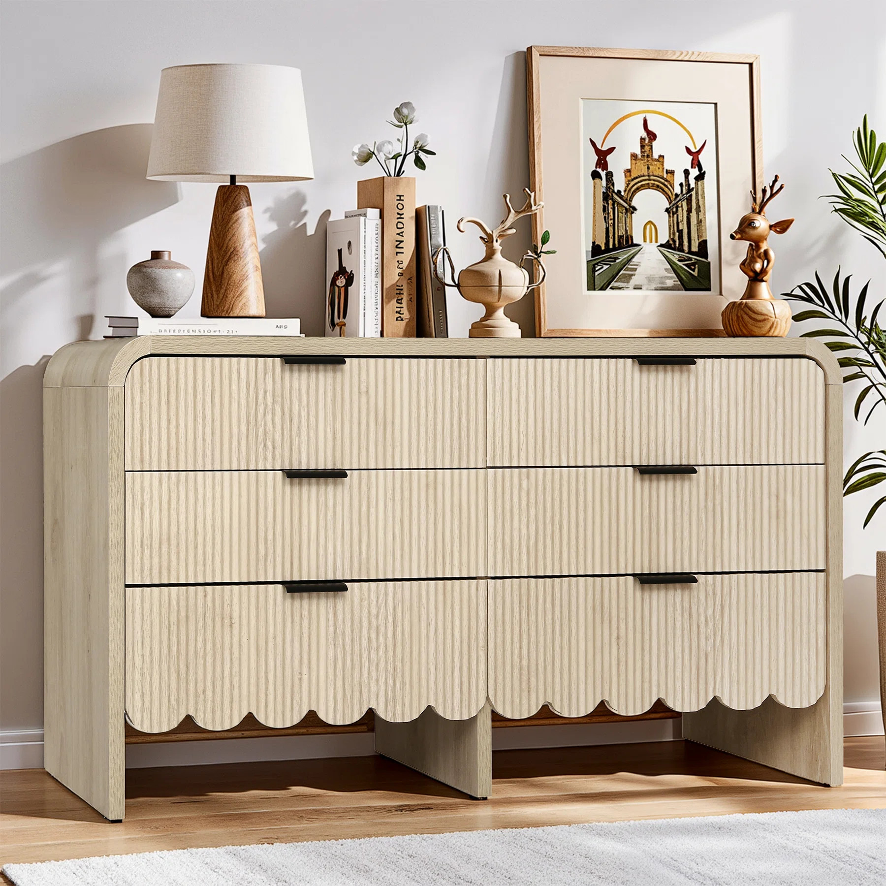 Fluted 6 Drawers Dresser For Bedroom, 59" Wide Modern Chest Of Drawers With Metal Handles, Curved... | Wayfair North America