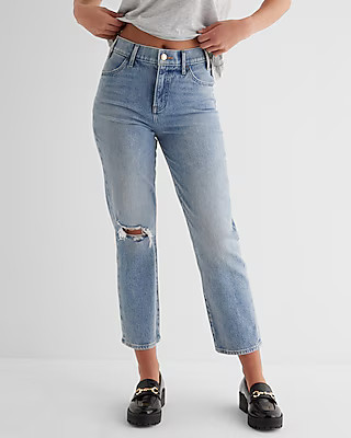 High Waisted Light Wash Ripped Straight Ankle Jeans | Express