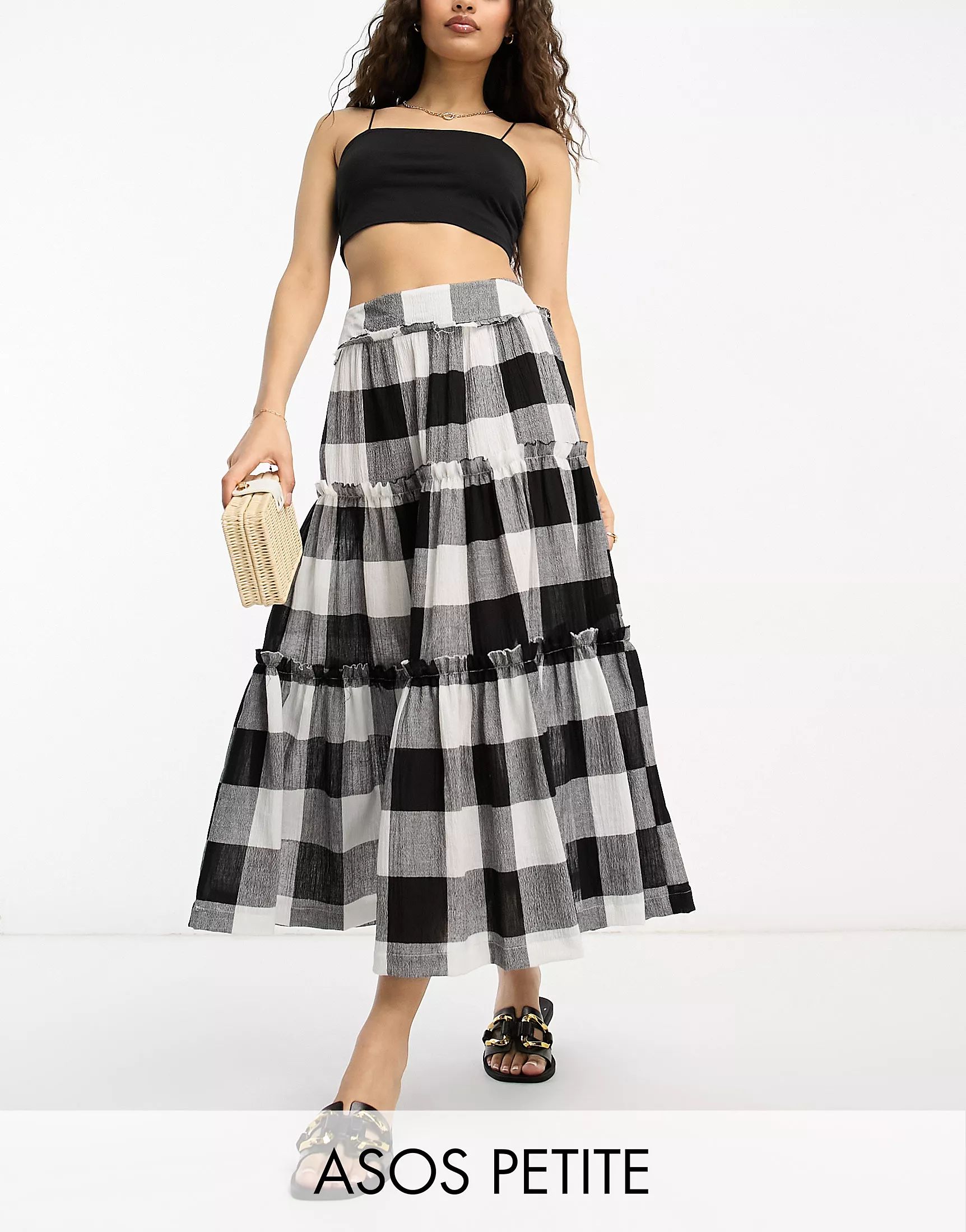 ASOS DESIGN Petite tiered midi skirt in monochrome gingham | ASOS (Global)