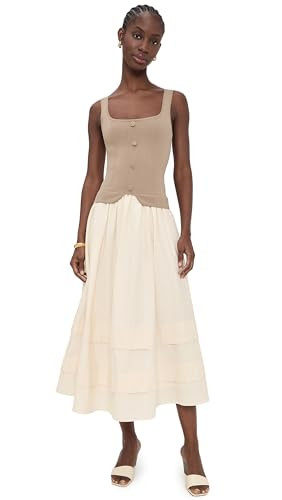 MOON RIVER Women's Square Neckline Top Mixed Media Midi Dress, Khaki, S | Amazon (US)