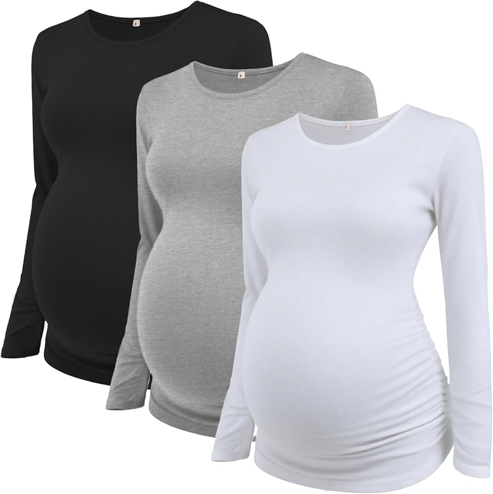 Ecavus Women's Maternity Shirts Long Sleeve Soft Stretchy Pregnancy Tops Side Ruched Casual Mama ... | Amazon (US)