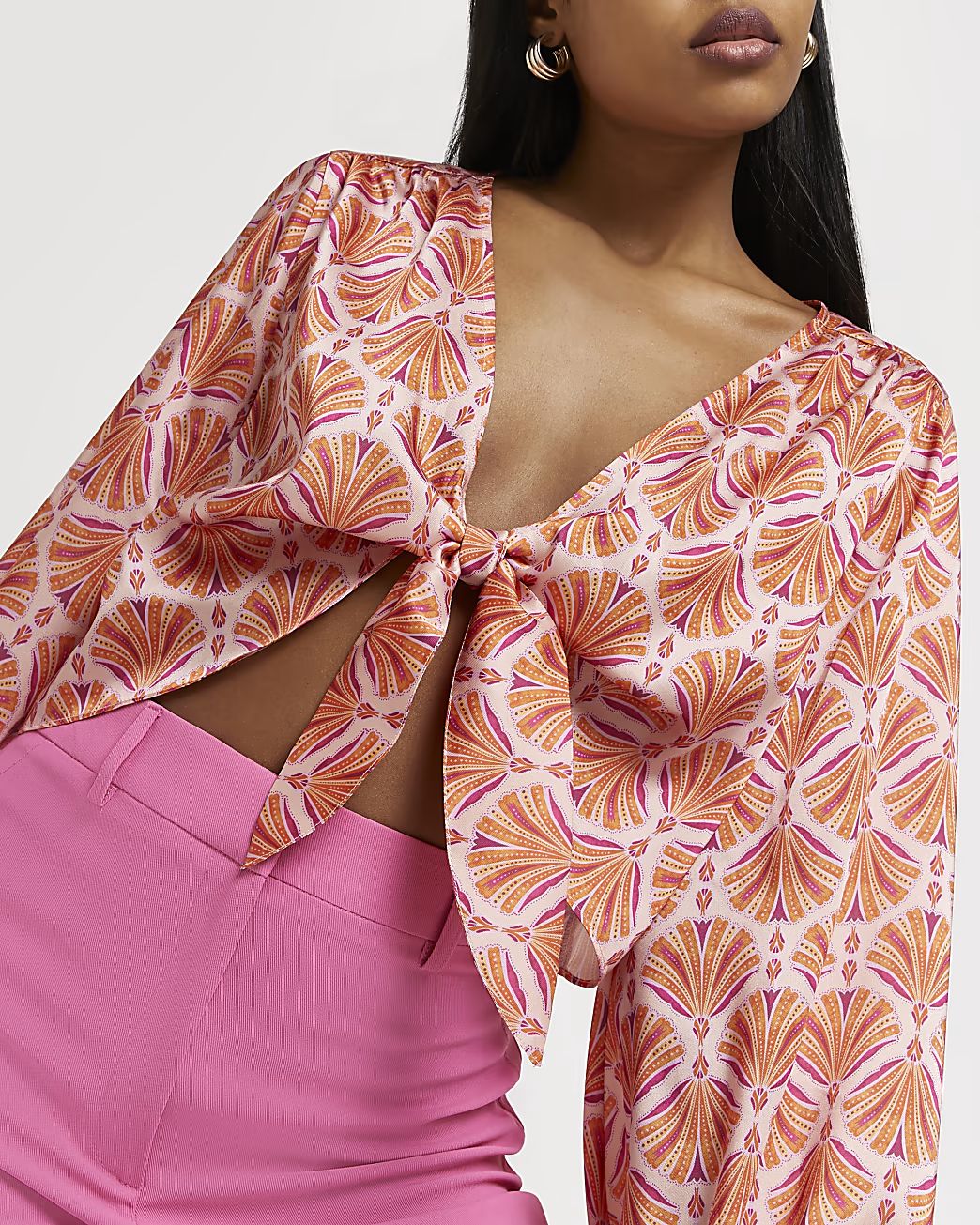 Orange print tie front blouse | River Island (UK & IE)