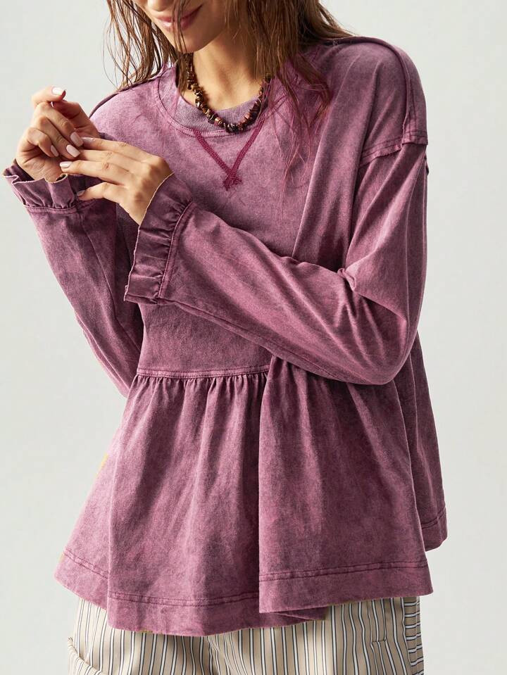 Bohemela Casual Solid Color Knitted Round Neck Dropped Shoulder Long Sleeve Loose Waist Pleated D... | SHEIN