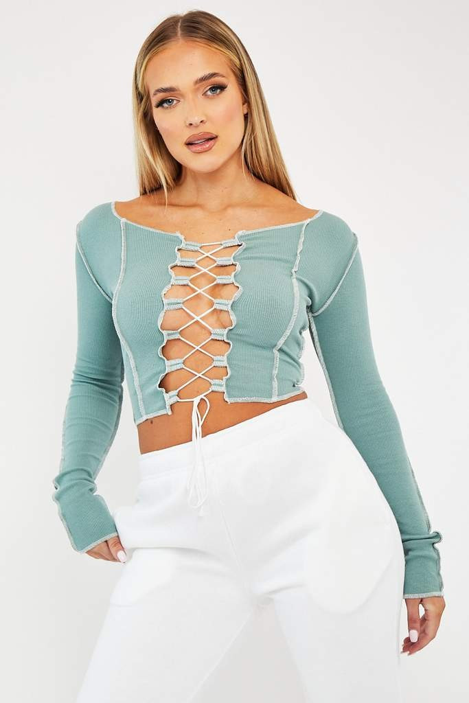 Sage Lace Up Contrast Stitch Long Sleeve Crop Top - Mitzi | Rebellious Fashion (UK)