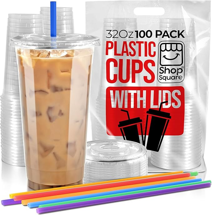 (100 Sets) 32 oz Cups with Lids and Straws, Clear Plastic Cups with Lids and Straws, Disposable D... | Amazon (US)
