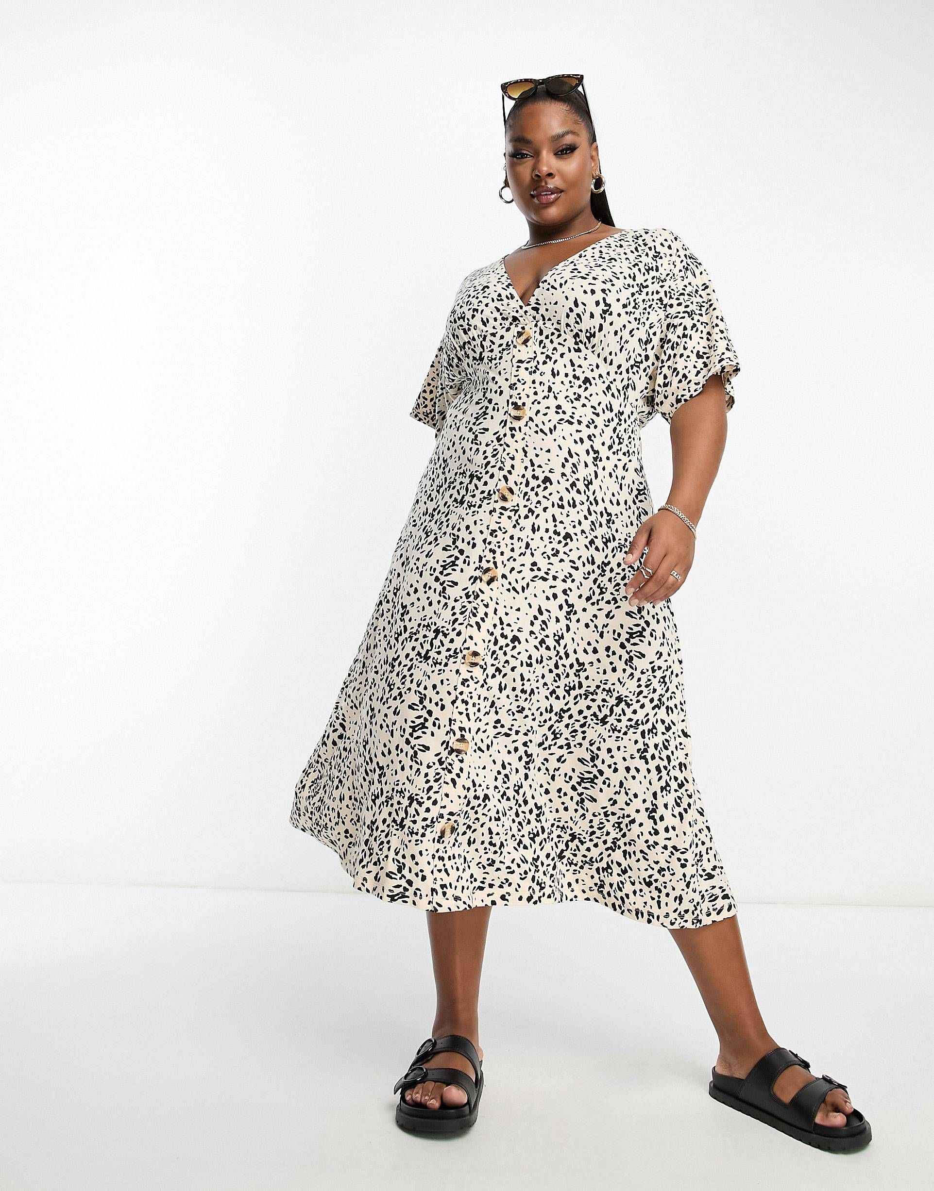ASOS DESIGN Curve flutter sleeve midi tea dress with buttons in leopard print | ASOS (Global)