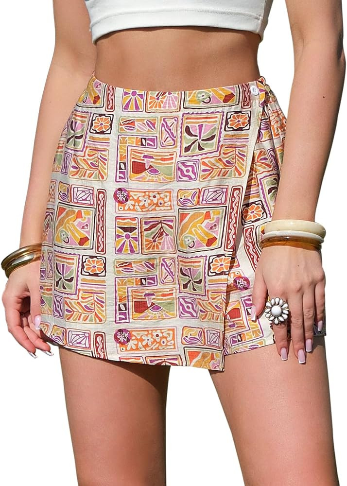 EXLURA Womens Summer Wrap Short Skirt Tropical Faux Linen Boho Mini Skirts Button Side High Waist... | Amazon (US)