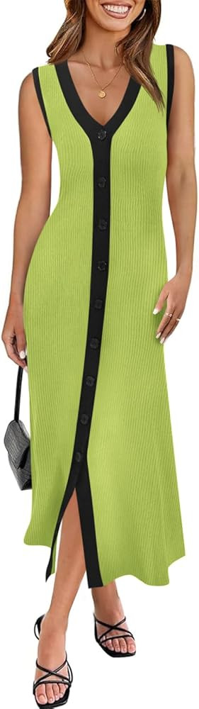 Saodimallsu Womens Summer Button Down Sweater Dresses Sleeveless V Neck Casual Ribbed Knit Color ... | Amazon (US)
