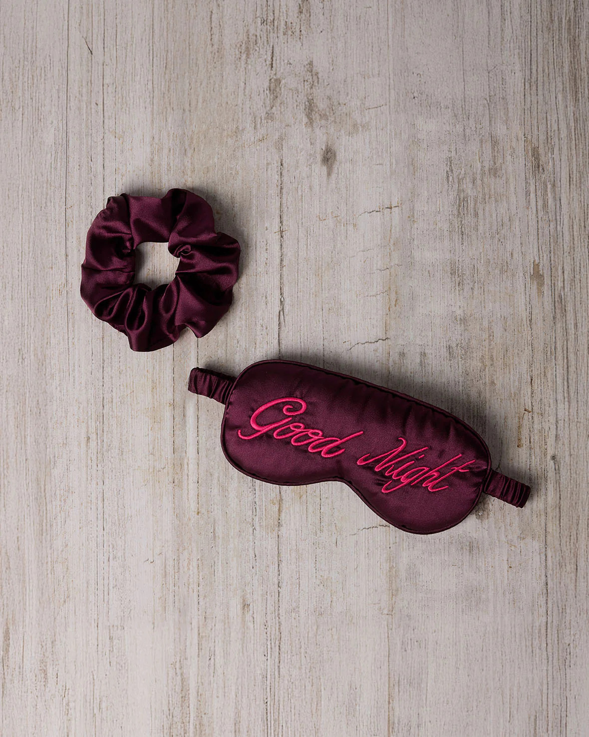 Satin Embroidered Good Night Sleep Mask & Scrunchie Set | Chelsea Peers NYC