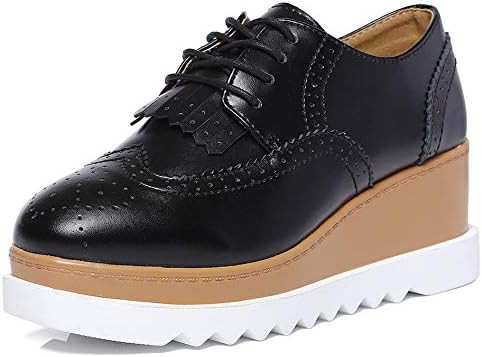 DADAWEN Women's Fashion Tassels Square-Toe Lace-up Platform Wedge Oxford Shoes | Amazon (US)