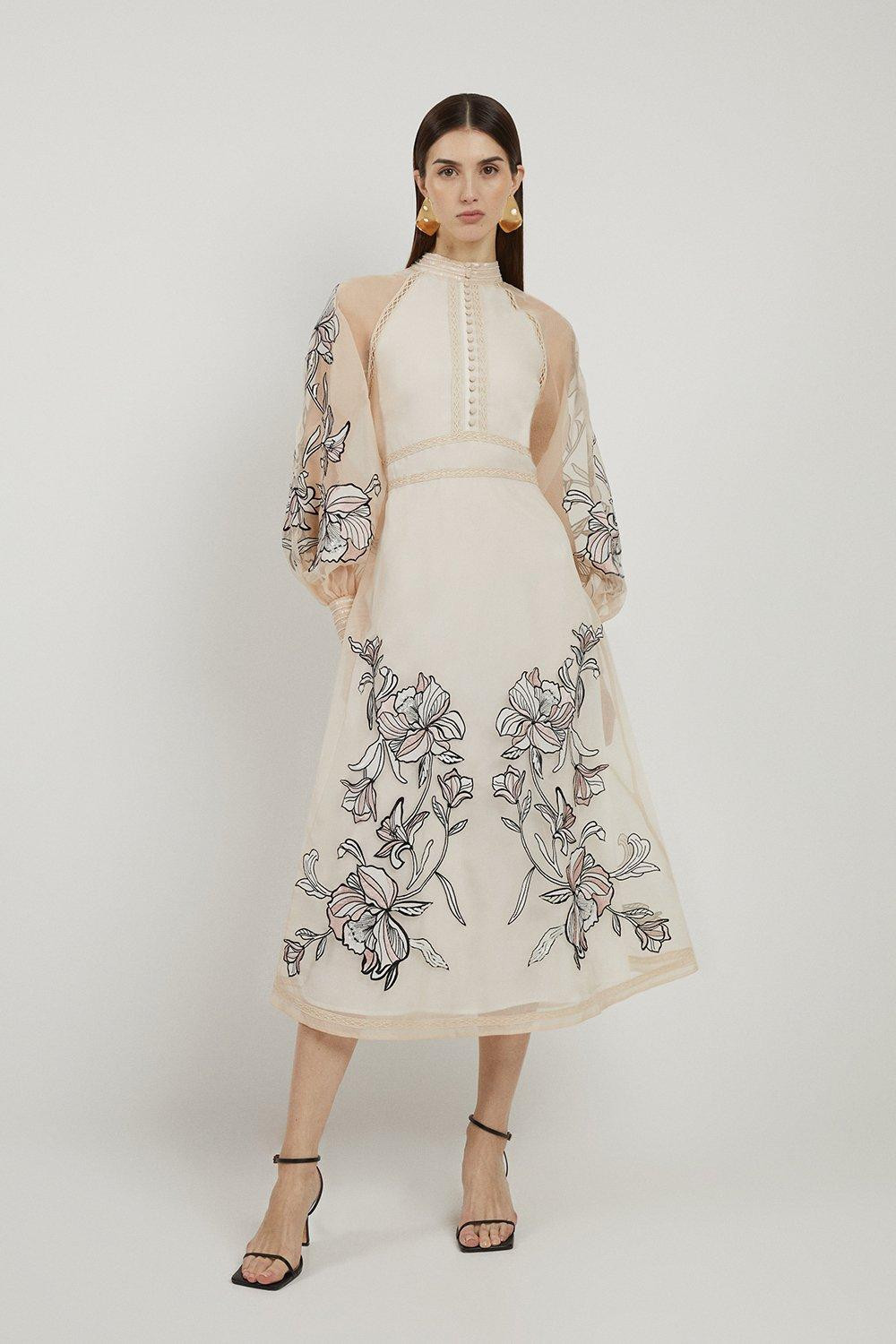 Petite Floral Embroidery Organdie Woven Midi Dress | Karen Millen US