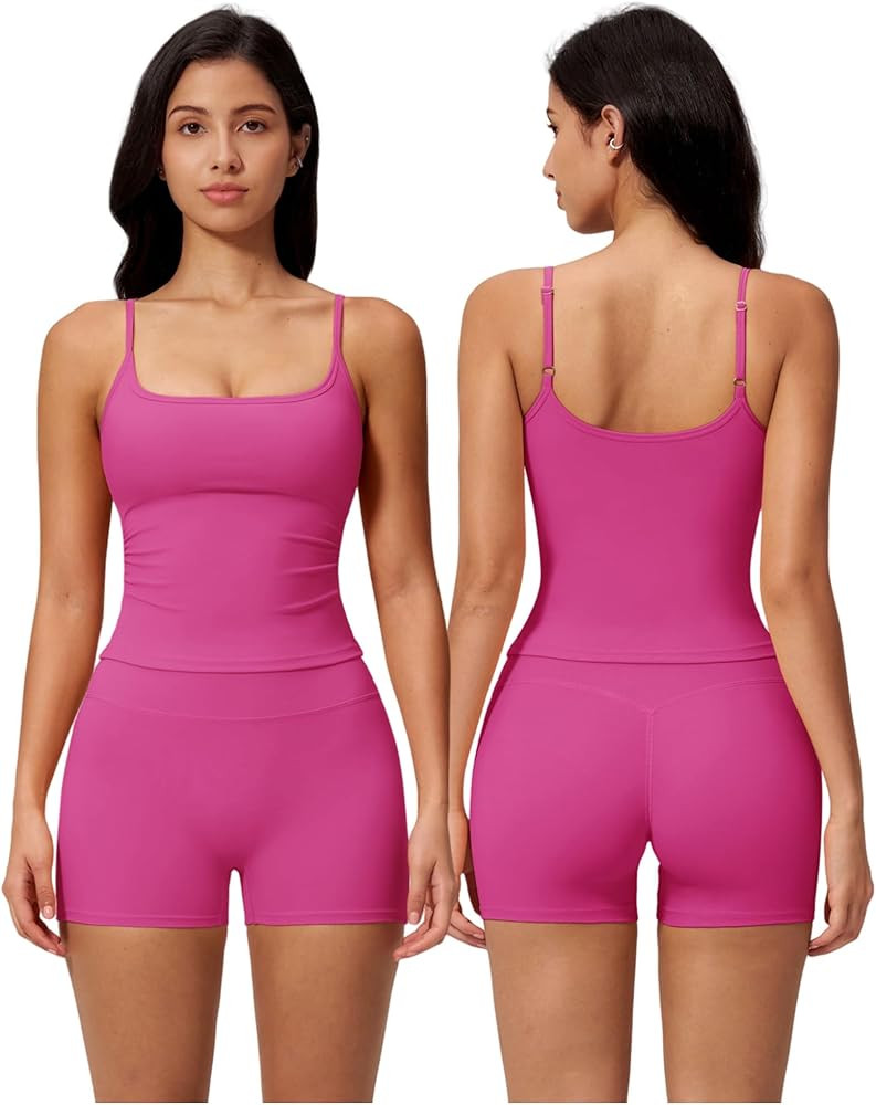 2 Piece Workout Sets for Women Adjustable Spaghetti Straps U Back Tank Tops and High Waist Shorts Yoga Active Outfits | Amazon (US)