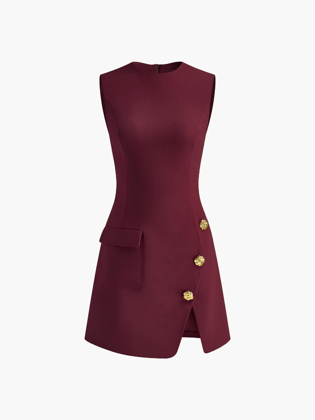 Golden Rose Button Pocket Split Dress | Commense