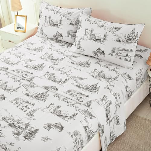 Yiran Grey Christmas Sheet Set Queen 4 Piece Christmas Deer and Tree Bed Sheet Soft Microfiber Deep Pocket Bedding Sheets with 1 Fitted Sheet, 1 Flat Sheet, 2 Pillowcases | Amazon (US)