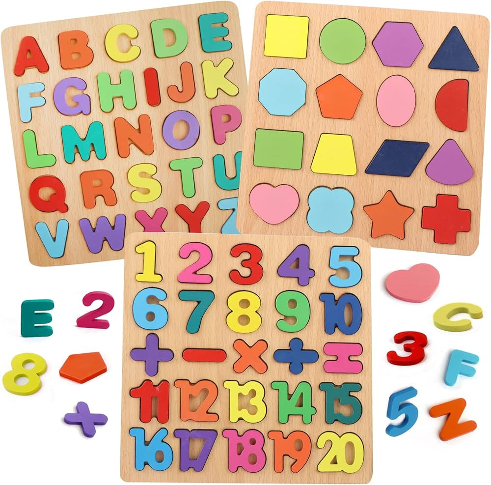 Puzzles for Toddlers, 3 Pack Wooden ABC Alphabet Number Shape Puzzles Toddler Learning Toys for K... | Amazon (US)