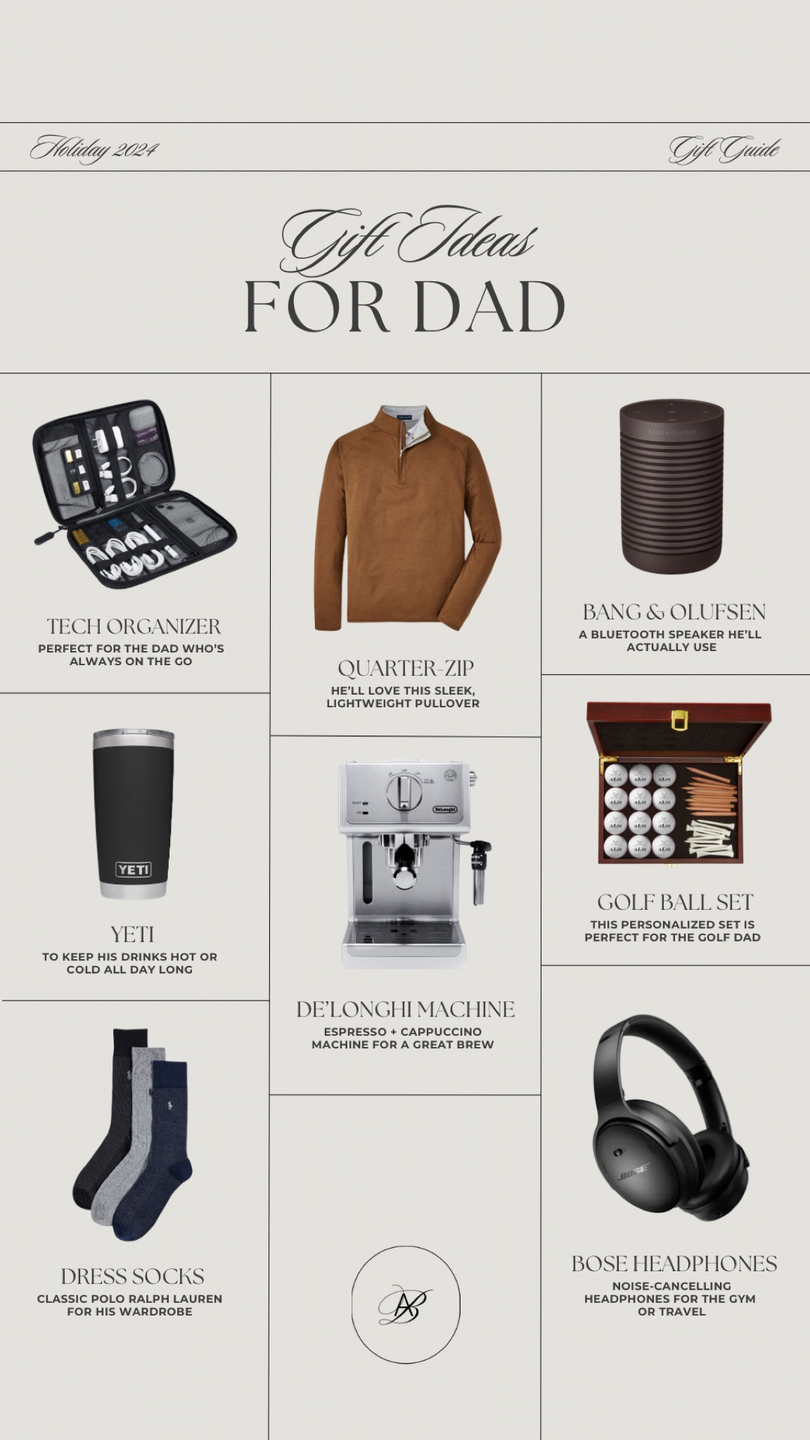Holiday gift ideas for Dad! This customizable golf ball set is perfect for the golf-loving dad! A quarter-zip is a closet staple that any man will love! Also, this De’Longhi espresso and cappuccino machine will be the gift that keeps on giving! A caffeinated dad = A happy dad! 

Golf gifts, gifts for him, holiday gift guide, speaker, headphones, Bose headphones, socks, Ralph Lauren Polo, men’s gifts, electronic organizer, Yeti cup, travel cup, coffee cup, espresso machine, cappuccino machine, gifts for dad, bf gifts, fiancé gifts

#LTKHoliday #LTKGiftGuide #LTKCyberWeek