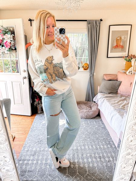 Abercrombie outfit! Loving these relax jeans! This time I’m wearing the curve love in 30xlong. The sweatshirt is a medium and from the men’s department! Shoes are tts! 



#LTKunder100 #LTKover40 #LTKsalealert
