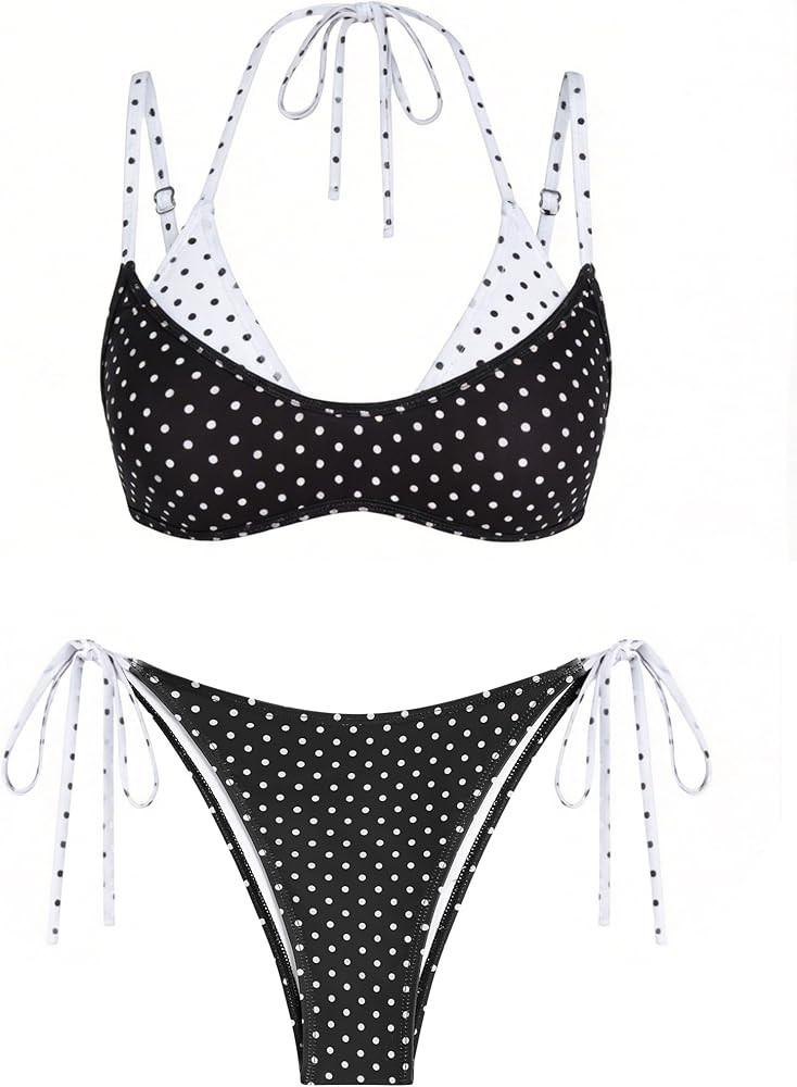 Amazon.com: ZAFUL Women's Polka Dot Bikini Set Double Layer Halter Swimsuit Colorblock Side Tie 2... | Amazon (US)
