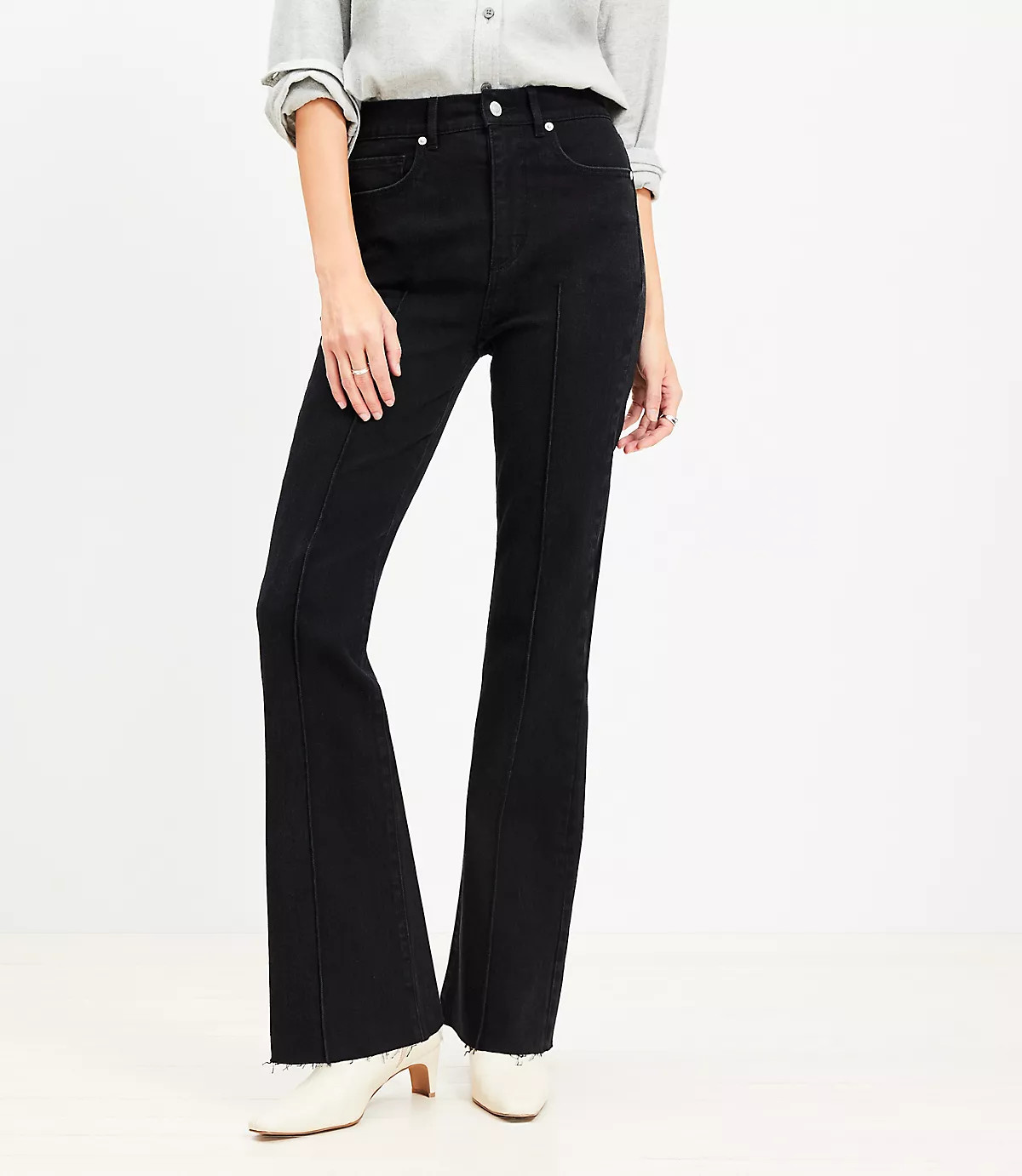 Pintucked Fresh Cut High Rise Slim Flare Jeans in Washed Black | LOFT