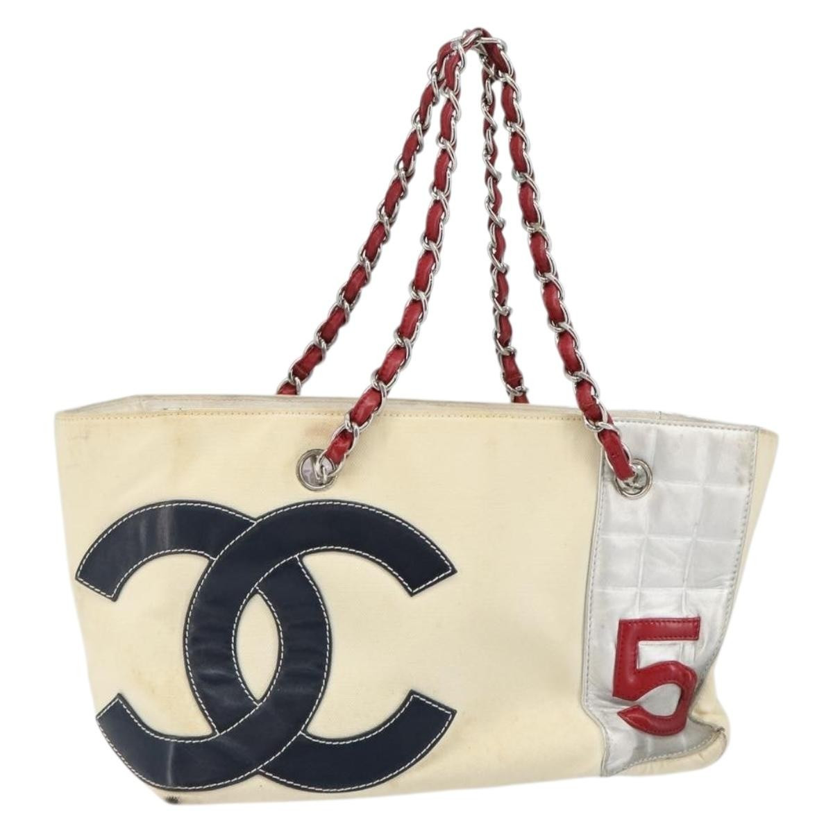 Authenticity GuaranteeCHANEL Choco Bar Chain Tote Bag No5 Canvas White Silver CC Auth 146353 | eBay US