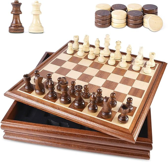 VAMSLOVE Chess and Checkers Board Game Sets for Adults Wooden Deluxe 15 inch Wood Board Box with ... | Amazon (US)