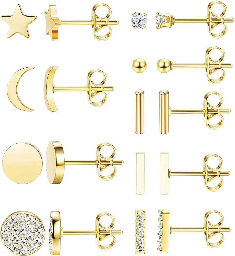 FIBO STEEL 9 Pairs Stainless Steel Star Moon Stud Earrings for Women Cute Bar CZ Stud Earring Set | Amazon (US)