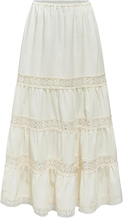 CIDER Santorini Beach Vacation Woven Mid Rise Floral Ruffle Hem Tiered Maxi Skirt | Amazon (US)