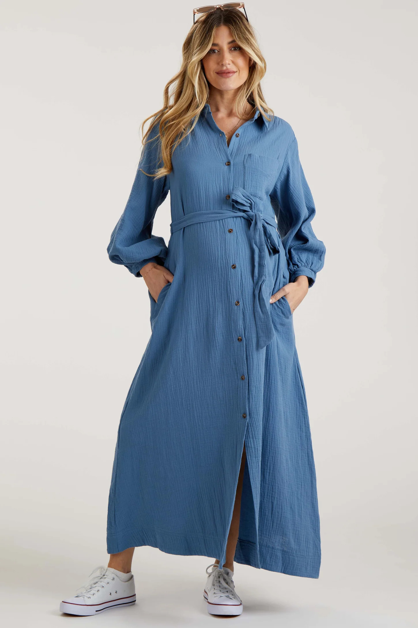 Blue Gauze Belted Shirt Maternity Midi Dress | PinkBlush Maternity