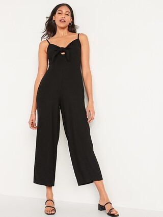 Cropped Knotted Cutout Smocked Linen-Blend Wide-Leg Jumpsuit for Women | Old Navy (US)