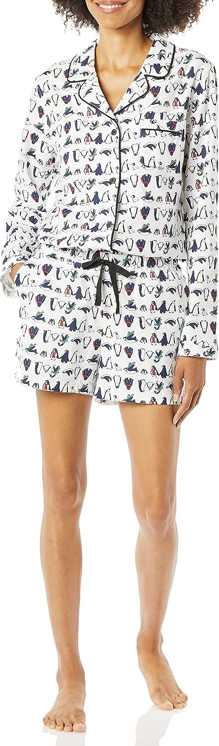 Amazon.com: Amazon Essentials Women's Lightweight Woven Flannel Pajama Set with Shorts, White, Pe... | Amazon (US)