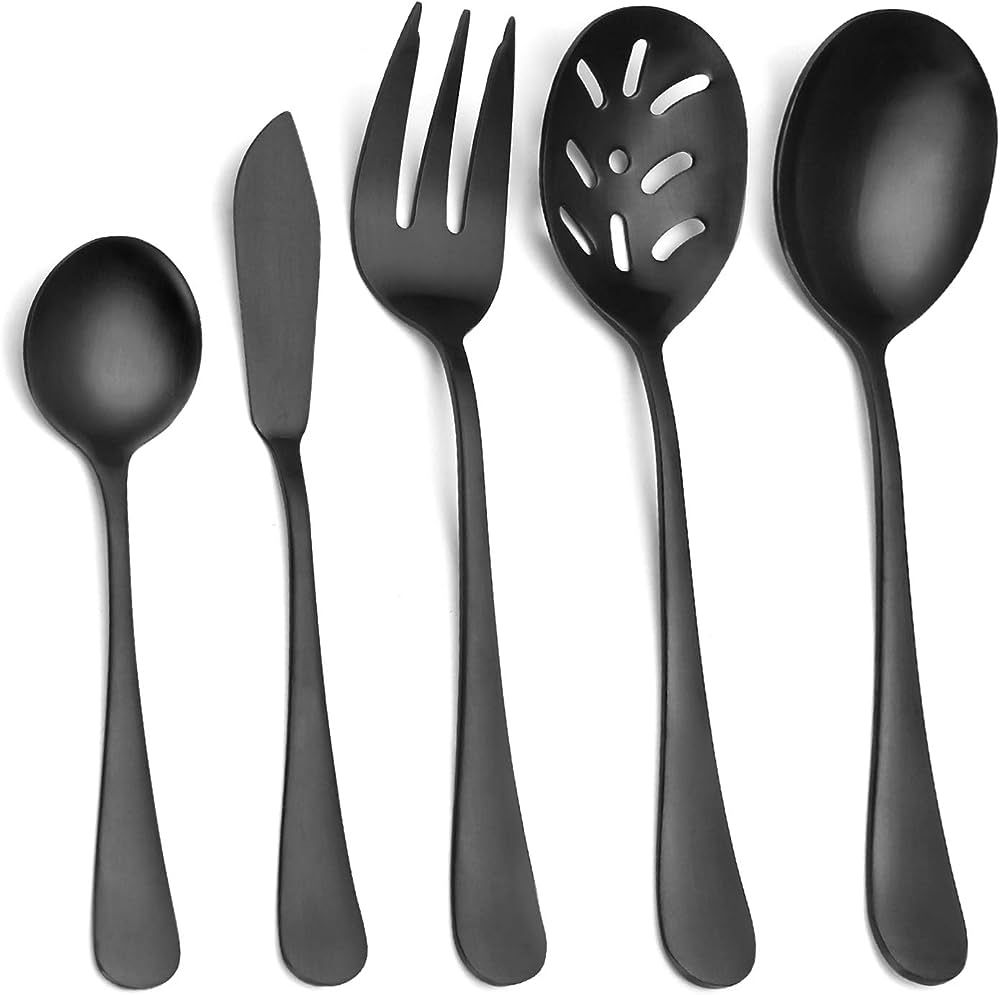 Matte Black Serving Set，SHARECOOK 5-Piece 18/0 Stainless Steel Large Hostess Set with Round Edg... | Amazon (US)